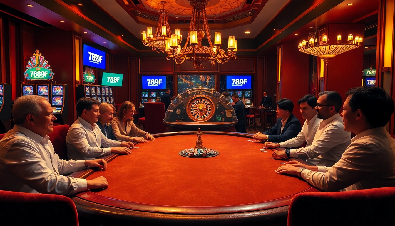 Players enjoying high-stakes poker at an opulent casino, showcasing the luxurious experience of 789f.