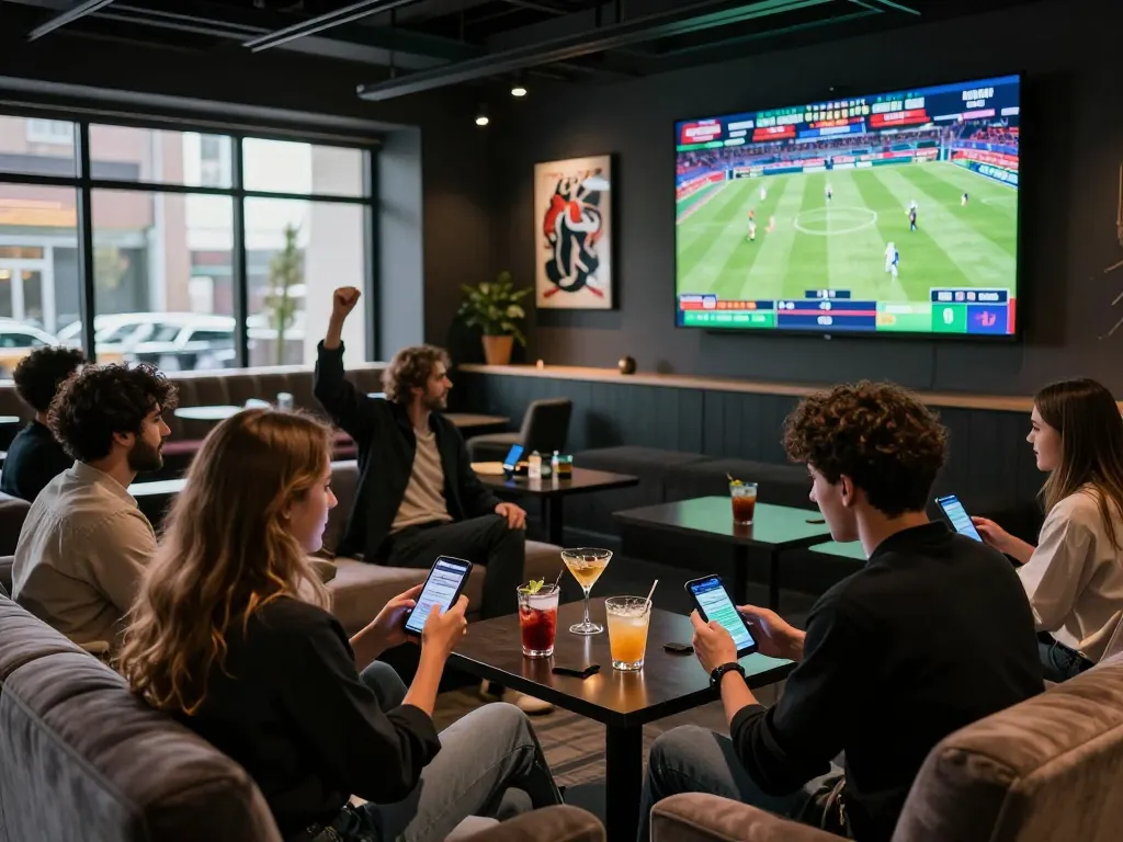 Friends enjoying sports betting at five88 lounge with mobile devices in hand, cheering in excitement