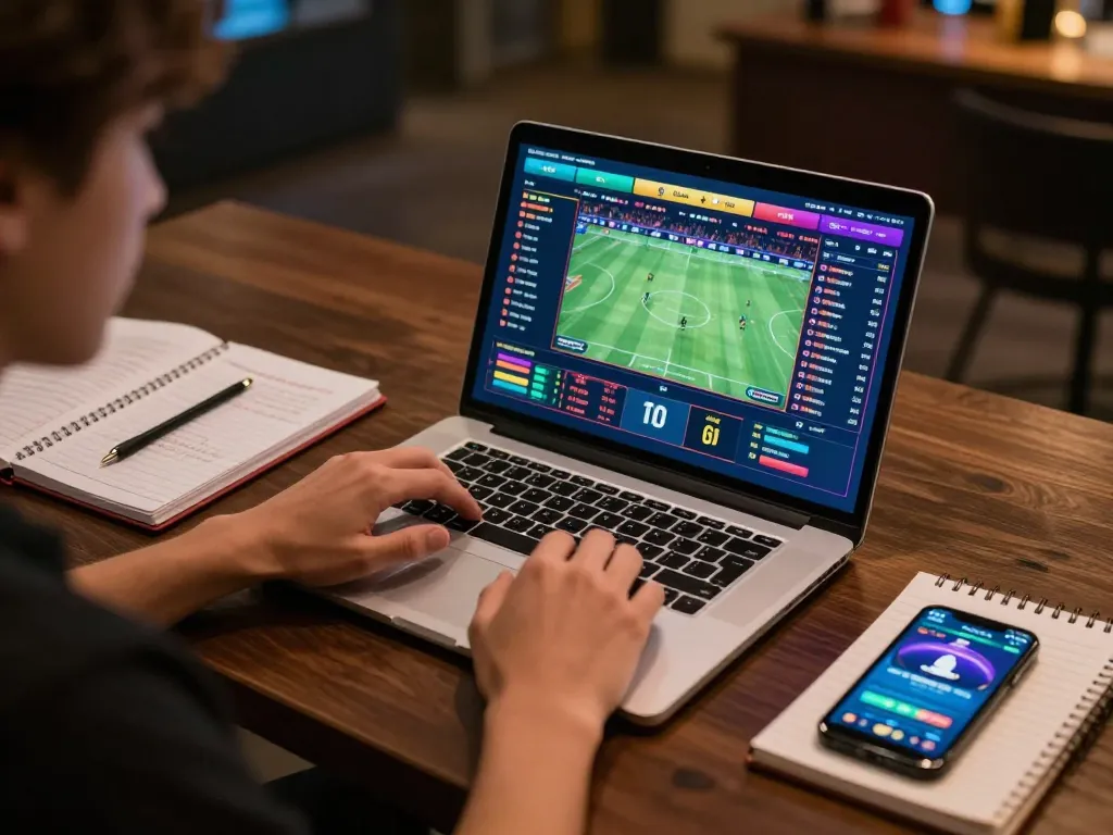 Engaging in sports betting on 555win platform with laptop showing betting odds and strategies.