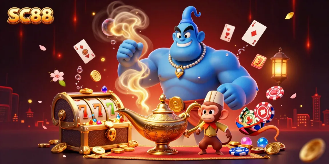 Experience SC88 with a dynamic genie and monkey amidst a lavish casino scene filled with slot reels and treasures.