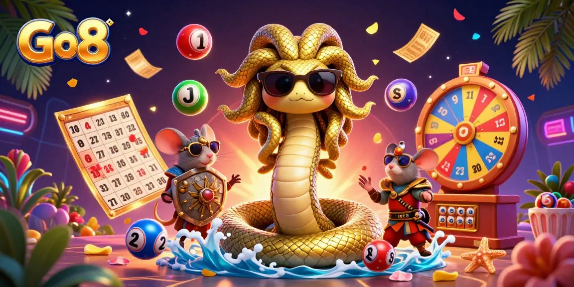 Go8 casino illustration brings excitement with dynamic lottery balls and vibrant prize elements.