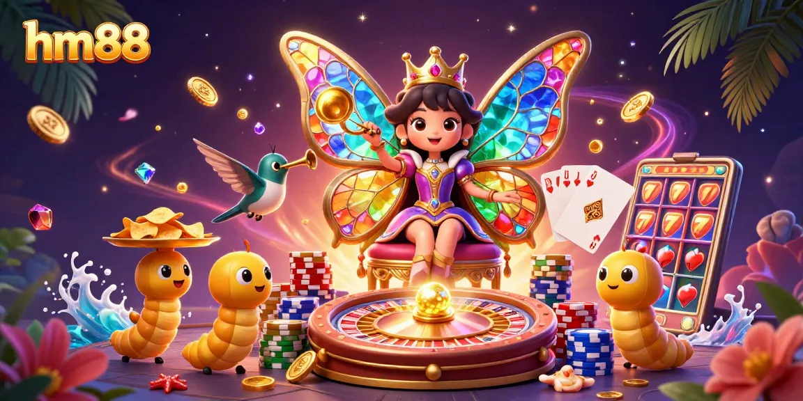 Spin to win with HM88's captivating butterfly queen in an enchanting casino realm.