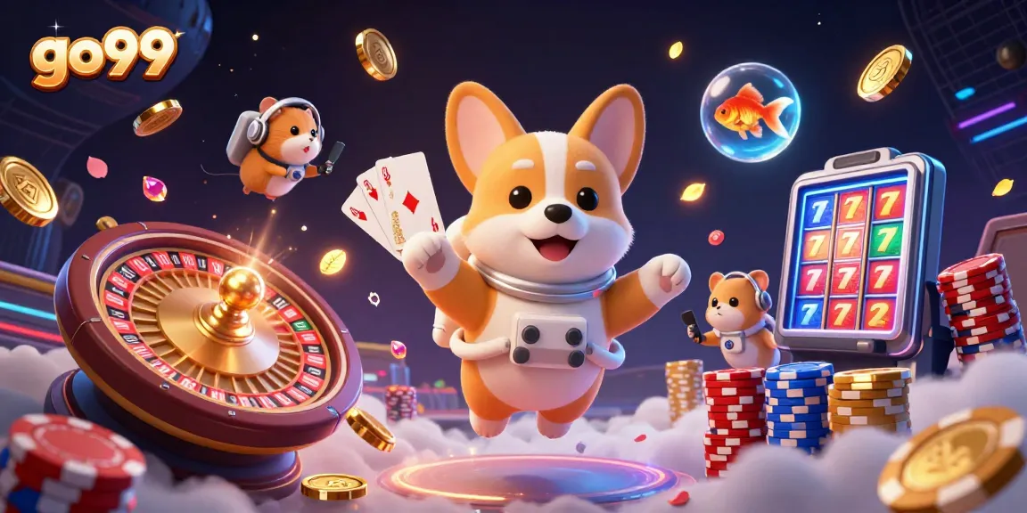 Join the excitement at go99 as a playful astronaut corgi floats in a vibrant space casino.