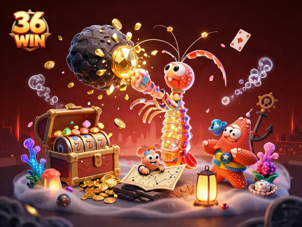 Experience the thrill of 36 WIN with samurai mantis shrimp, exploding gems, and vivid casino elements.