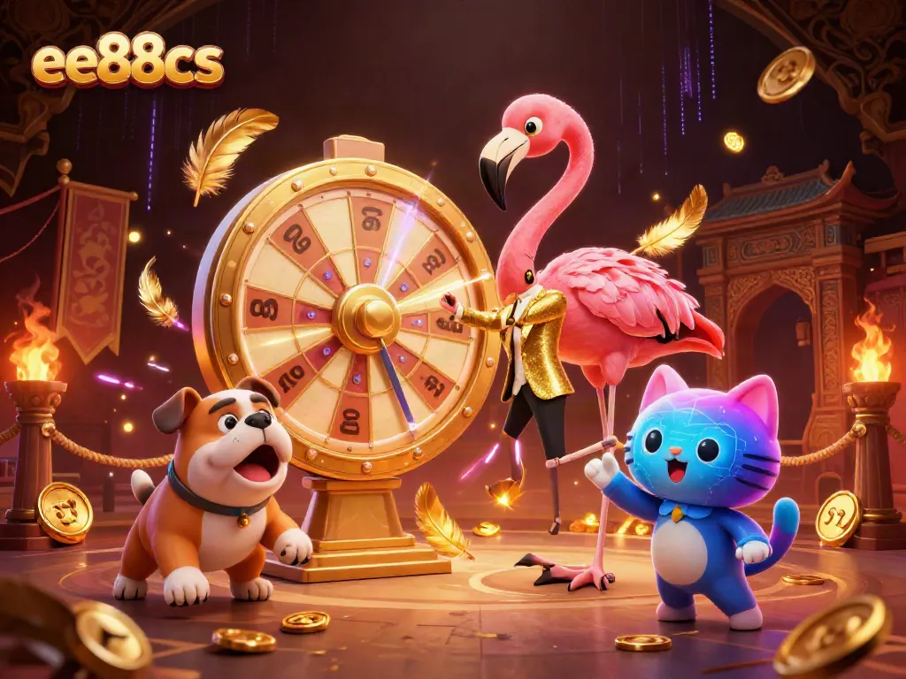 Engage with the exciting ee88cs experience, featuring a vibrant game show scene with a flamingo host and thrilling prizes.
