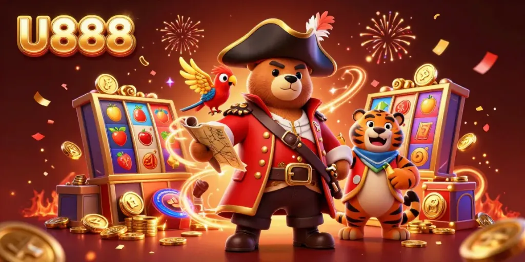 Experience the vibrant world of U888 with a pirate captain bear and tiger celebrating jackpots.