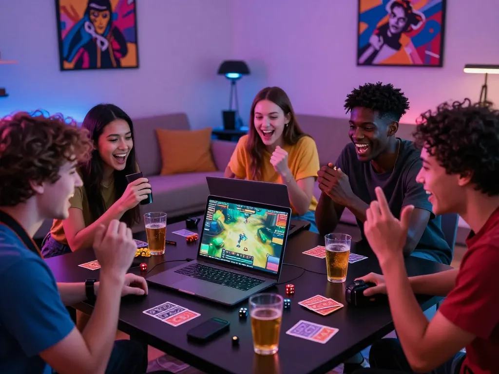 Friends enjoying online gaming at https://bomwin.jp.net/ with snacks and drinks in a lively living room setting.