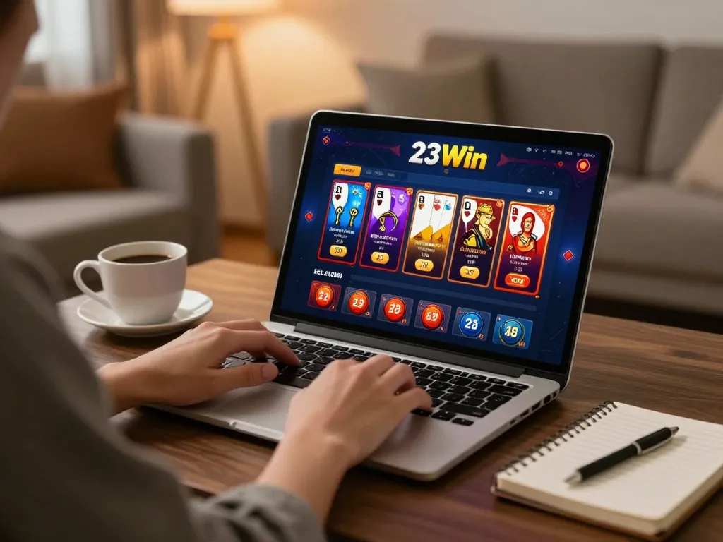 Engaging online casino gaming experience with 23Win interface visible on laptop in home setting