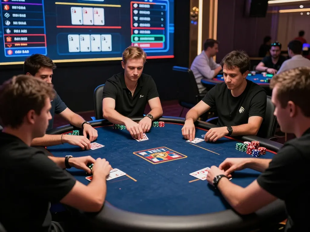 F8BET players engaged in an intense online poker game, showcasing strategic gameplay and immersive digital interface.
