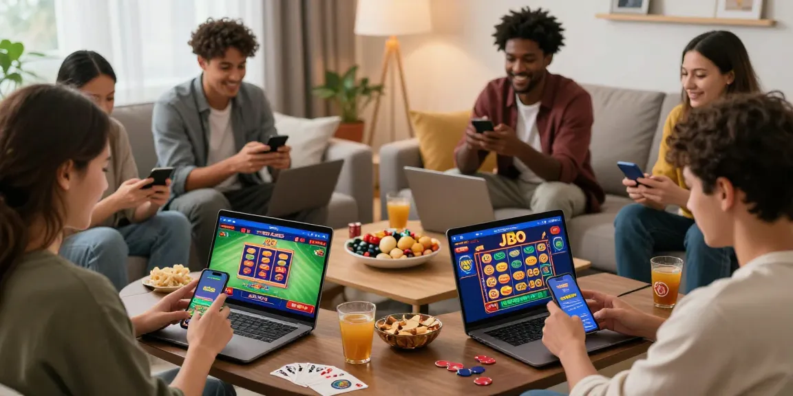Engaged players using JBO platform for casino betting in a cozy atmosphere.