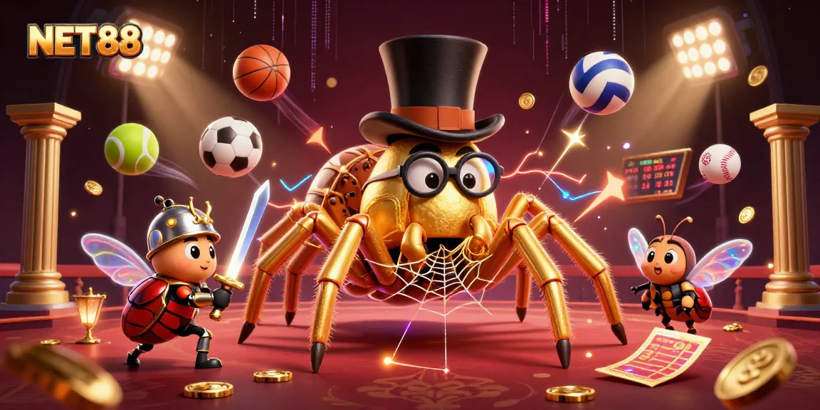 Engage in NET88 betting excitement with a golden tarantula weaving a web of prizes amid vibrant sports elements.