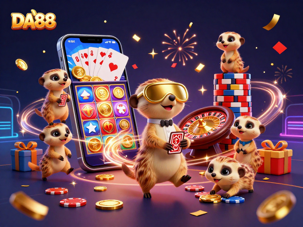 Experience the excitement of DA88 casino with colorful meerkats managing games and spinning slots.