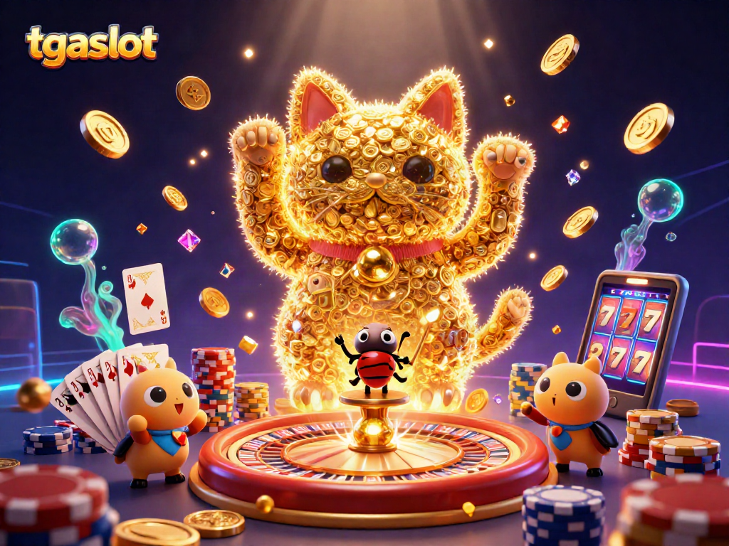 เกมที่น่าตื่นเต้นใน tgaslot กับแมวโชคดีและสัญลักษณ์คาสิโนที่ส่องแสง