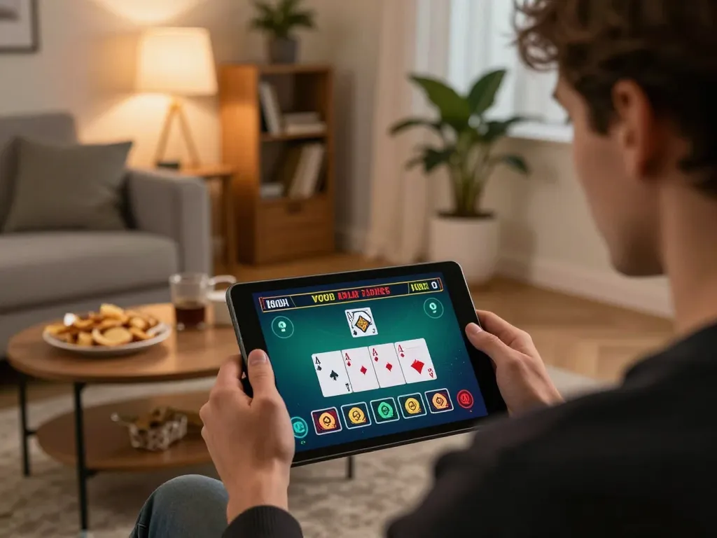 sapporo-dogscafe player enjoying online blackjack casino game on tablet at home, relaxed atmosphere with snacks