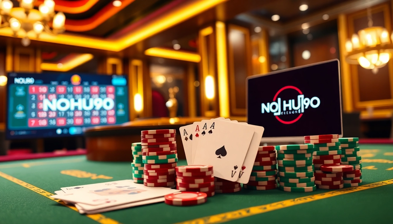 Experience the excitement of gambling at NOHU90 with vibrant poker chips and sleek casino tables.