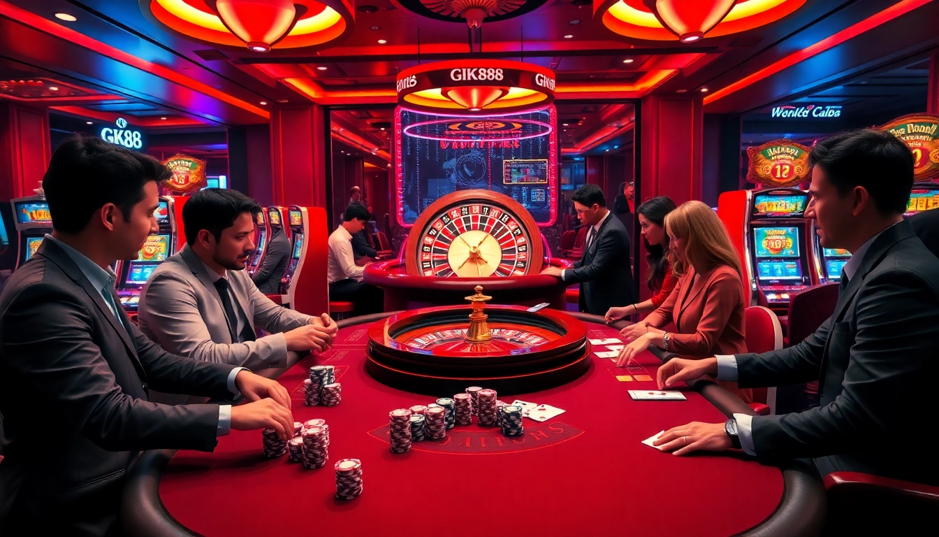 Gambling excitement at GK88 casino with vibrant tables and colorful chips.