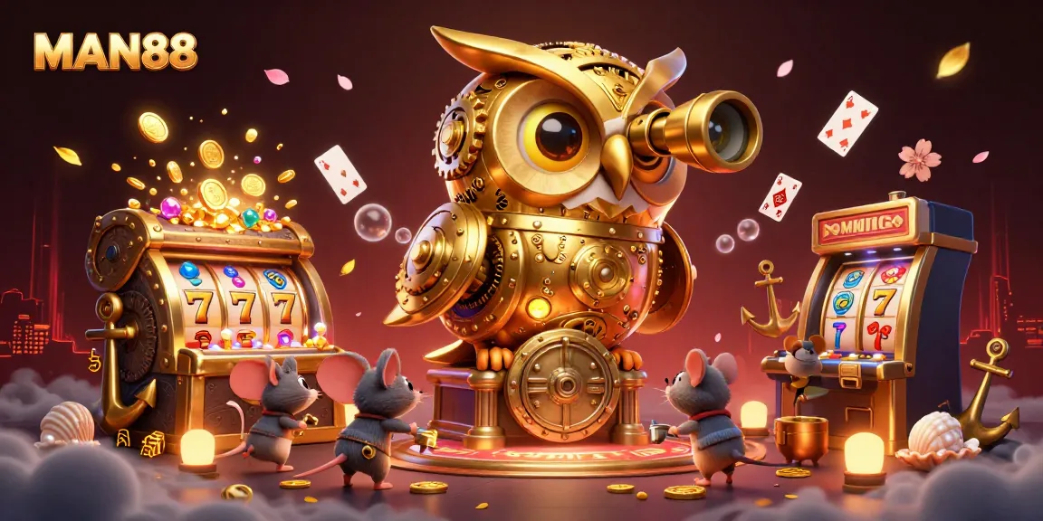 Engage with MAN88 at the buzzing casino with a clockwork owl and playful mouse patrons.