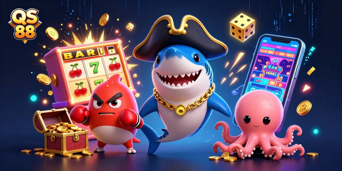 Experience thrilling gaming with QS 88 as a cartoon pirate shark, pufferfish, and octopus celebrate jackpots.