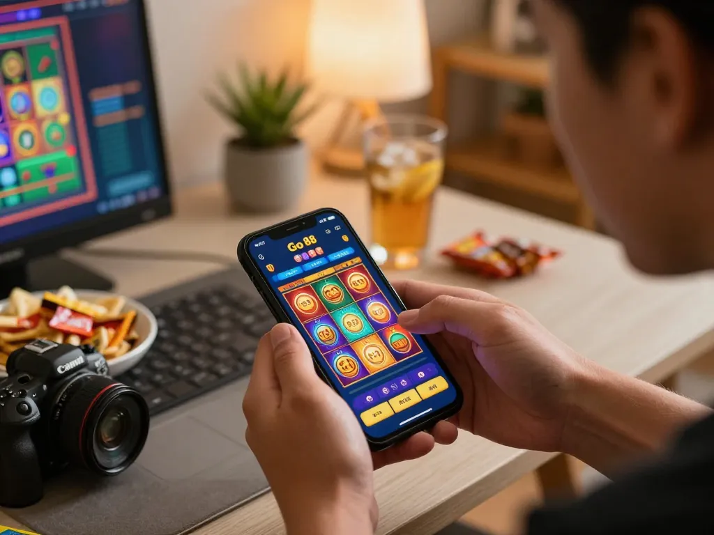Engaging with Go 88 ứng dụng casino trực tuyến, hiển thị các trò chơi slot thú vị trên smartphone.