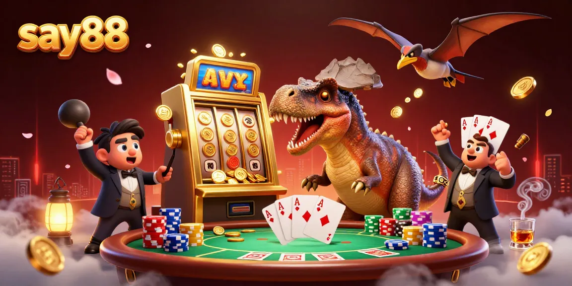 Experience the excitement of say88 with a quirky scene of cartoon dinosaurs in a vibrant casino setting.