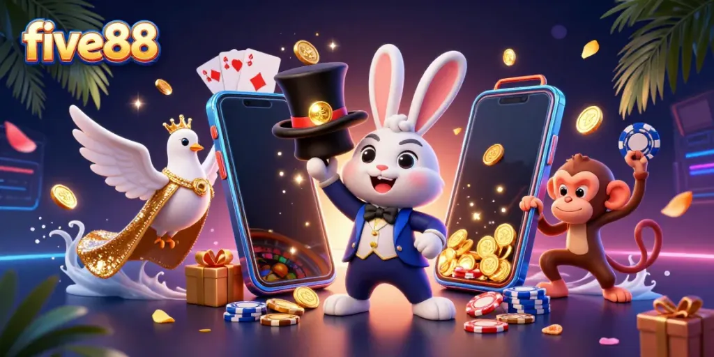 Experience the magic of five88 with a dazzling scene of casino charm featuring a magician rabbit, dove, and monkey.