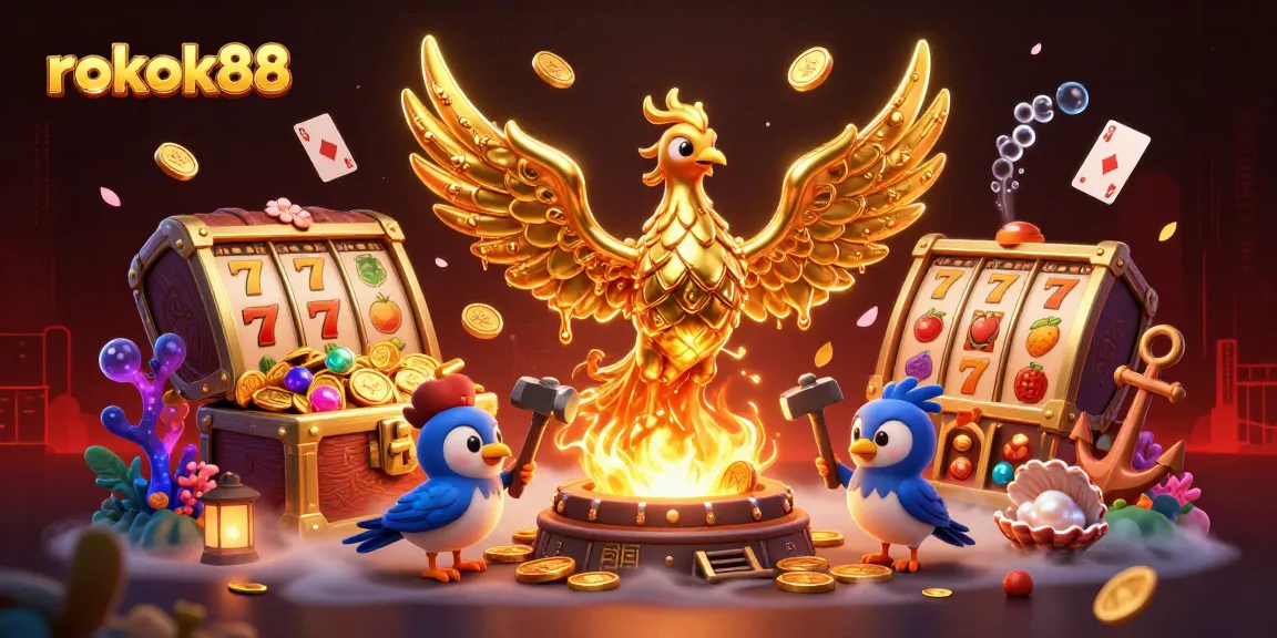Experience the vibrant gaming world of rokok88 with a golden phoenix among dynamic slots and casino symbols.