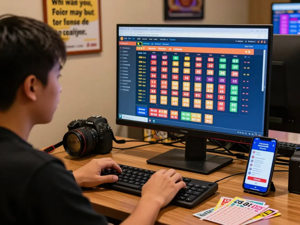 Player engaged in lô đề betting at a desktop with colorful tickets and a smartphone, highlighting modern online gaming excitement.