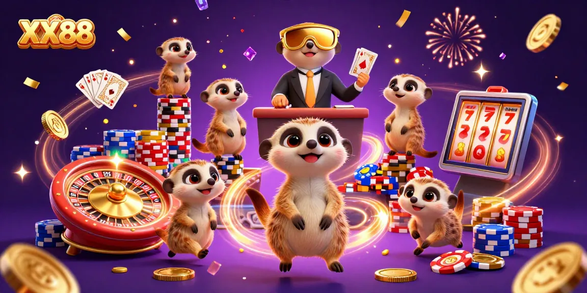 Experience excitement at XX88 casino with meerkats managing games, while coins and gems rain.