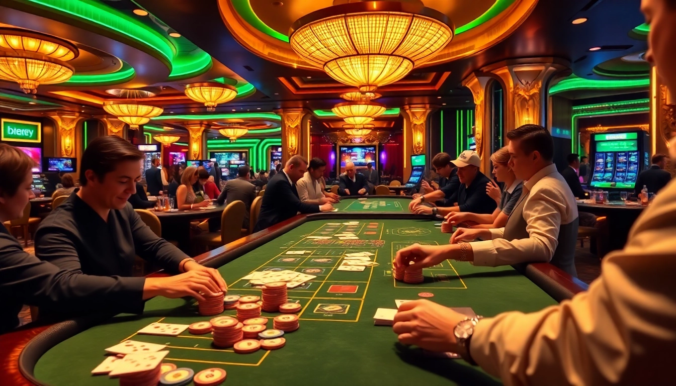 Engage with free credit baccarat at a vibrant casino table filled with players and colorful chips.