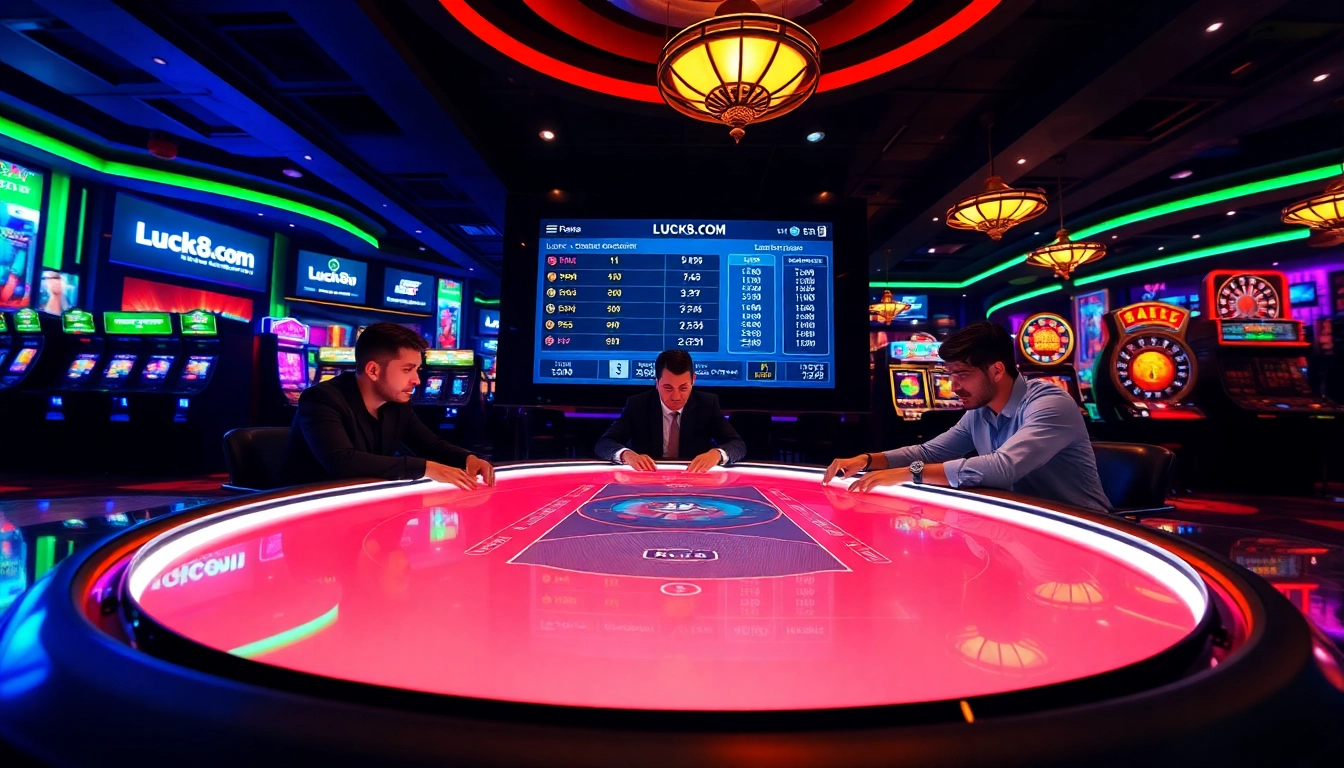 Engage in high-stakes poker action at Luck8.com with vibrant casino ambiance.