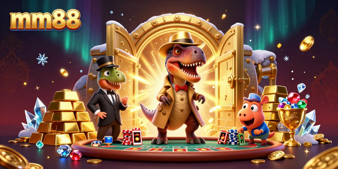 Win big with mm88 at a lively casino scene featuring a sneaky velociraptor and treasures.