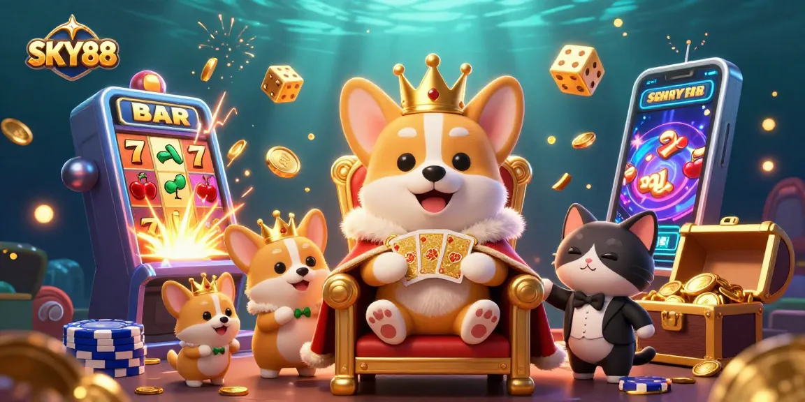 Experience the excitement of SKY88 with thrilling 3D slot games and charming characters surrounding a vibrant casino scene.