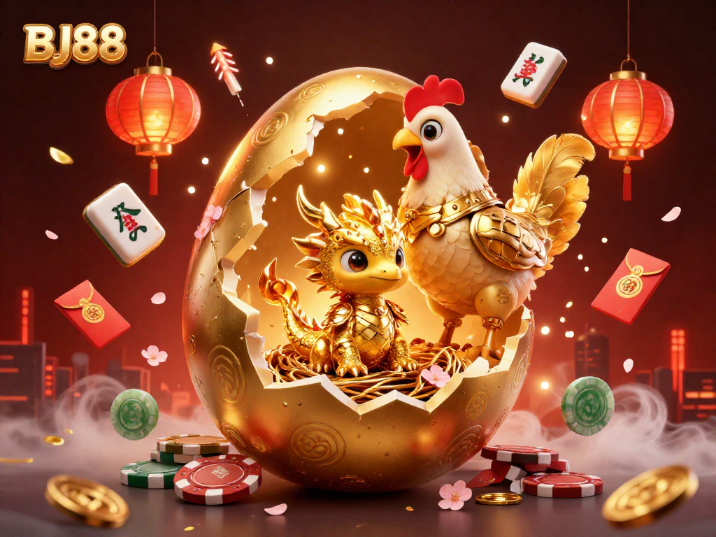 Engage with the vivid world of BJ88, capturing a golden dragon guarding poker chips amidst vibrant casino elements.