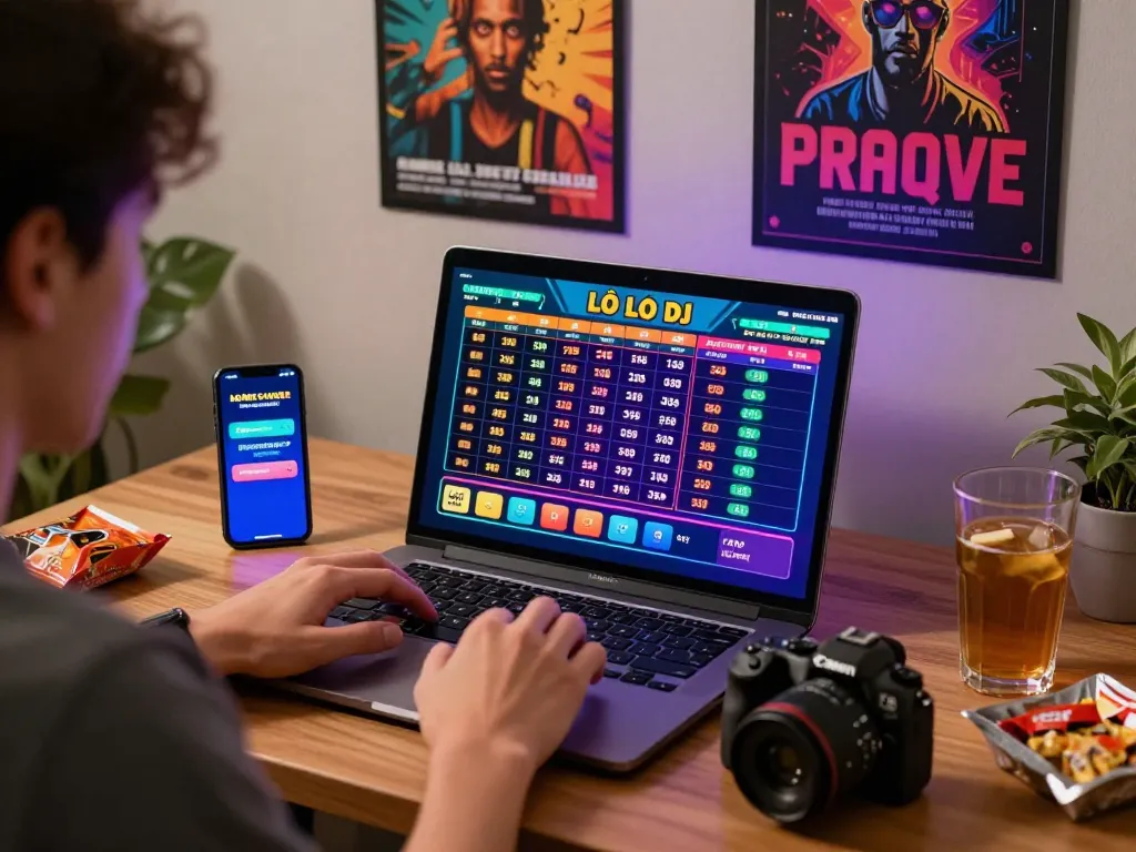 Engaged player enjoying lô đề online betting experience at home, laptop screen filled with colorful betting data and notifications.