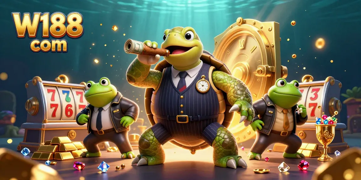 Engage in thrilling gameplay with W188 com featuring a cartoon turtle and frogs among glittering casino treasures.