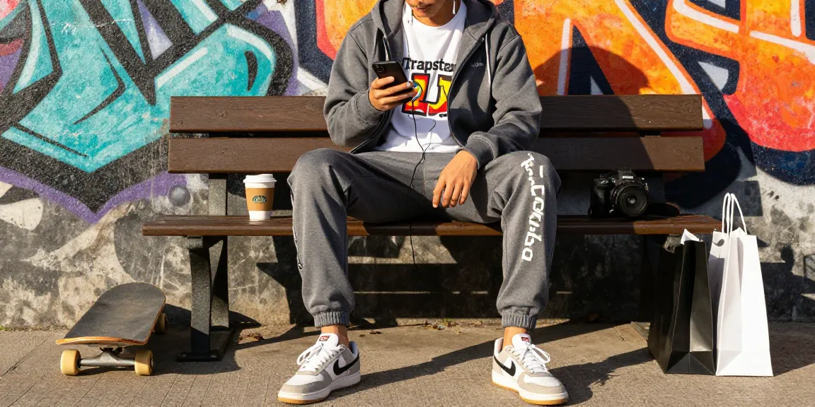 Felpa trapstar in un look urbano, con accessori alla moda e ambientazione di street art.