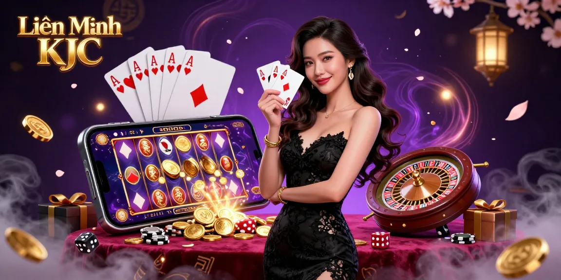 Experience thrilling games with Liên Minh KJC, showcasing a dazzling casino scene featuring golden poker chips and vibrant slot reels.