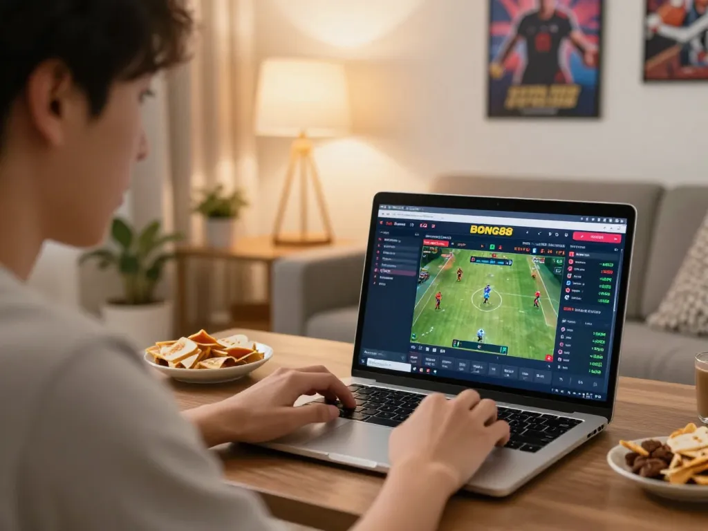 BONG88 player engaging in live sports betting from home using laptop, displaying excitement and strategic gameplay.