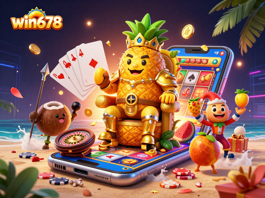 Engaging scene of win678 casino with pineapple king, coconut guards, and jester, featuring vibrant slot games and festive elements