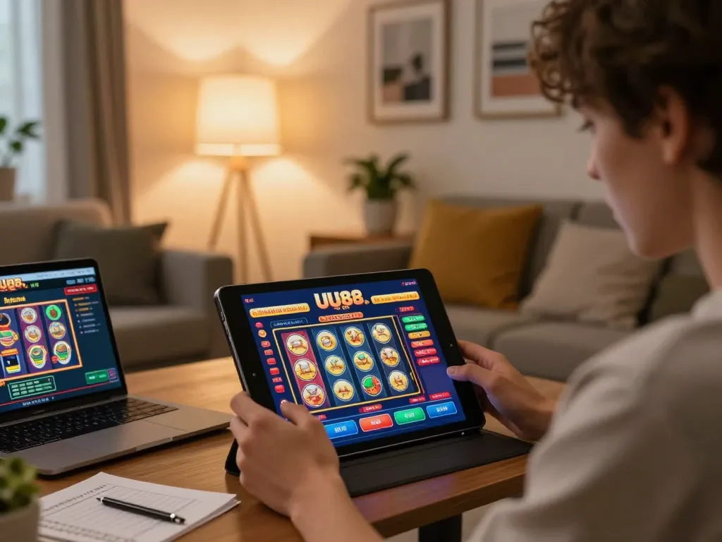 Engaging gameplay on UU88 com app in a cozy home setup with warm lights and personal touches.