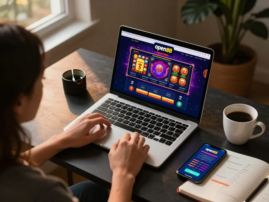 Engaging online casino gaming with open88 on laptop, showcasing strategic betting atmosphere.