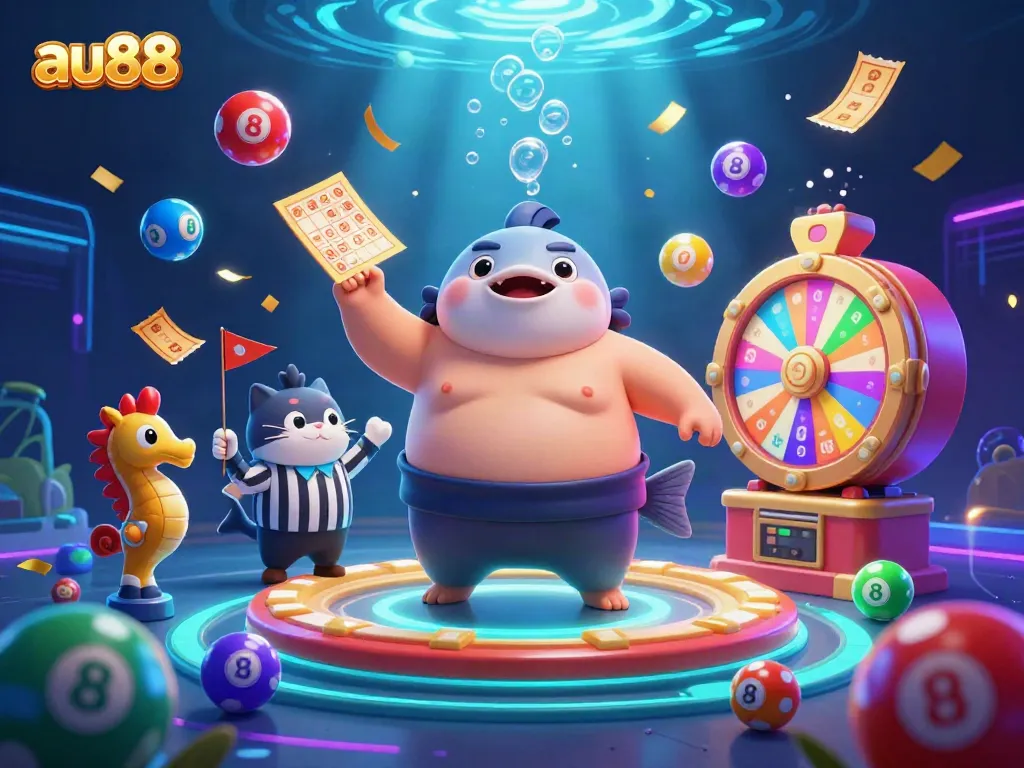 Experience thrilling lottery games at AU88, showcased in a lively underwater casino scene.