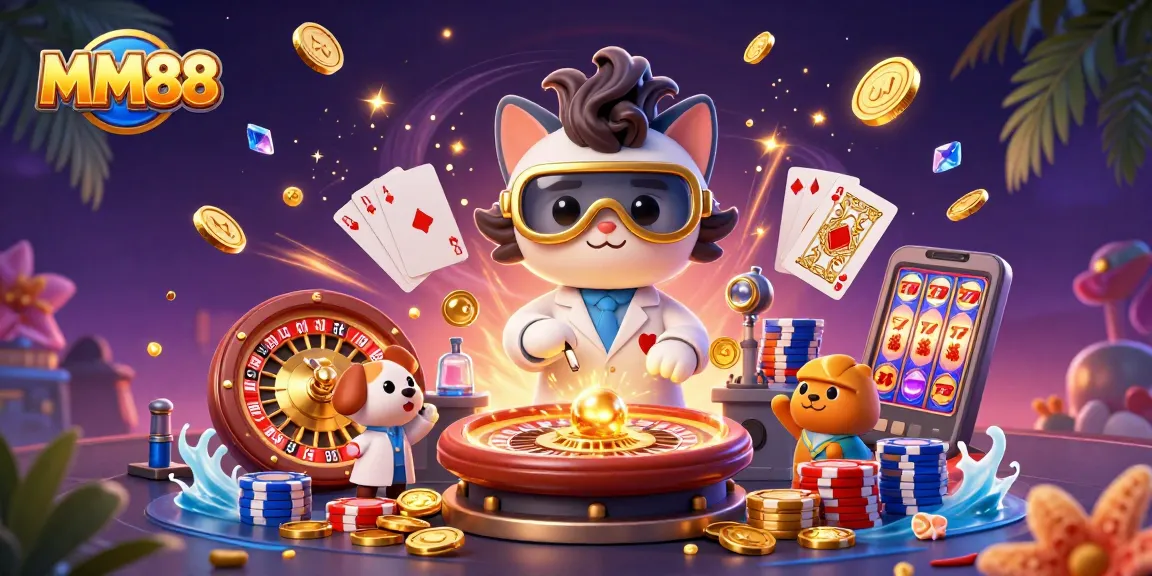 Experience the MM88 casino with vibrant characters creating a gold-coin machine amidst dynamic gaming elements.