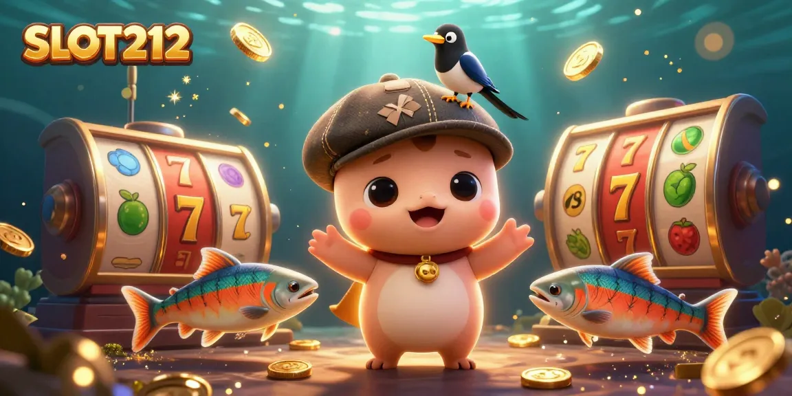 Spin the reels and win big with SLOT212's vibrant casino illustration featuring fun characters and gaming elements.