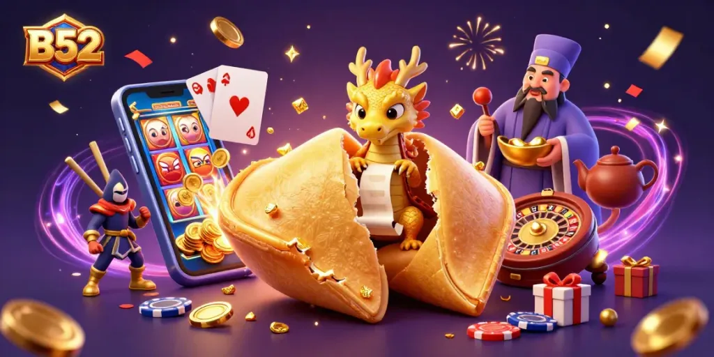 B52 spins the reels with a giant fortune cookie and a wise dragon, enhancing the casino gaming experience.