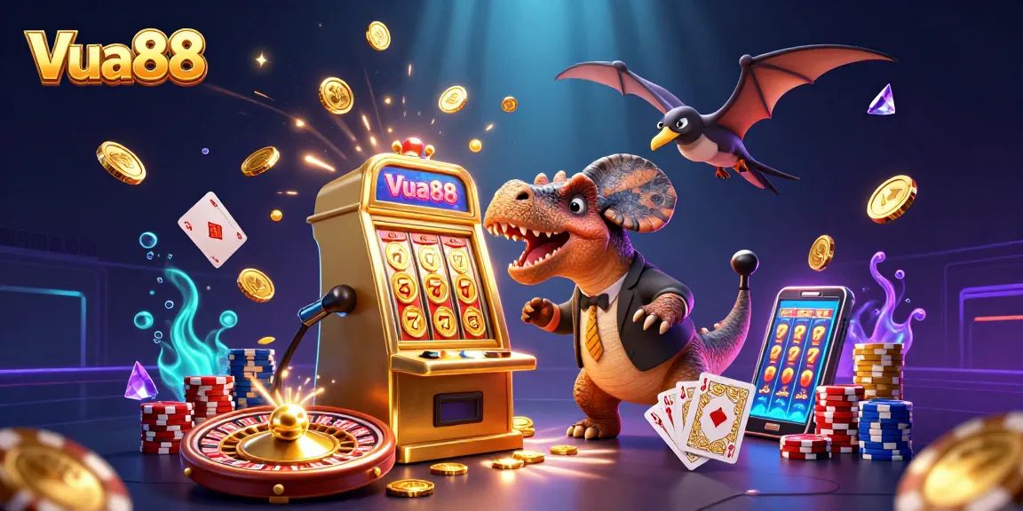 Experience the vibrant world of Vua88 as a dinosaur wins a jackpot, surrounded by flying gems and casino elements.