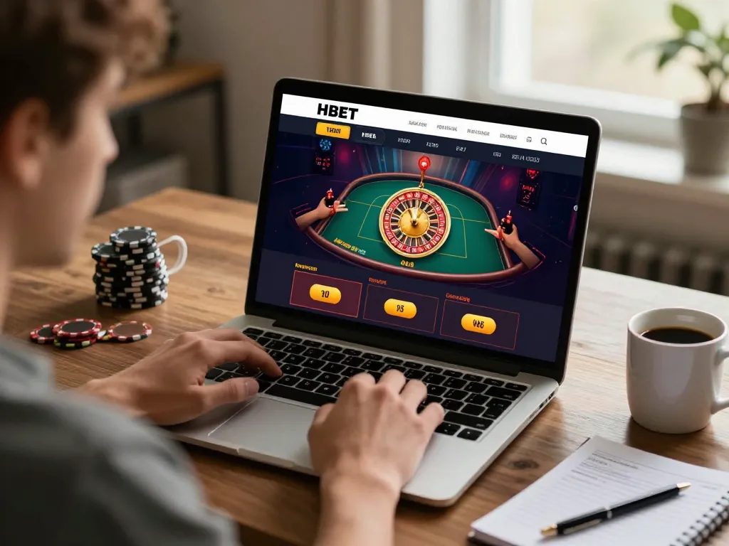 Engaging with HBET online casino games on laptop in stylish home office setting