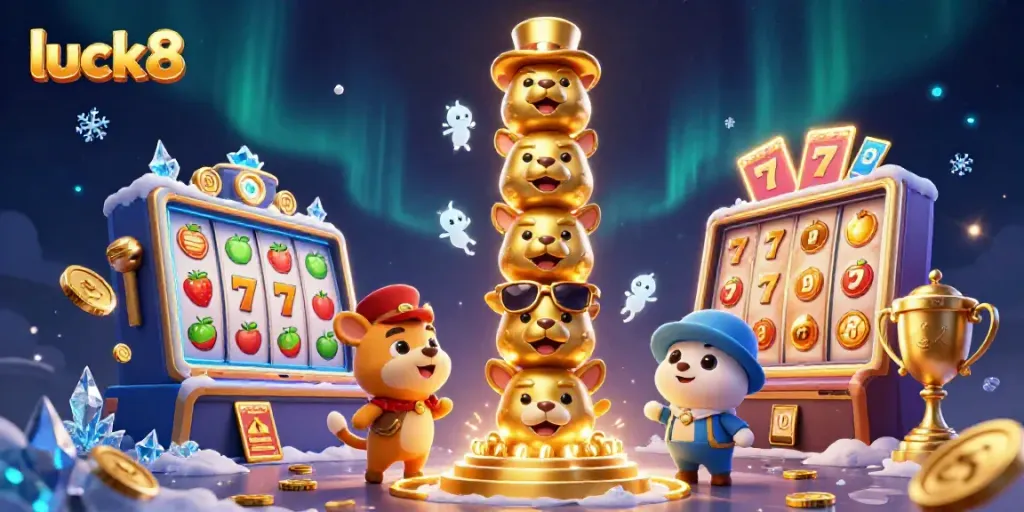 Play with luck8 by spinning vibrant slots, featuring animated totem pole, jackpots, and enticing casino symbols.