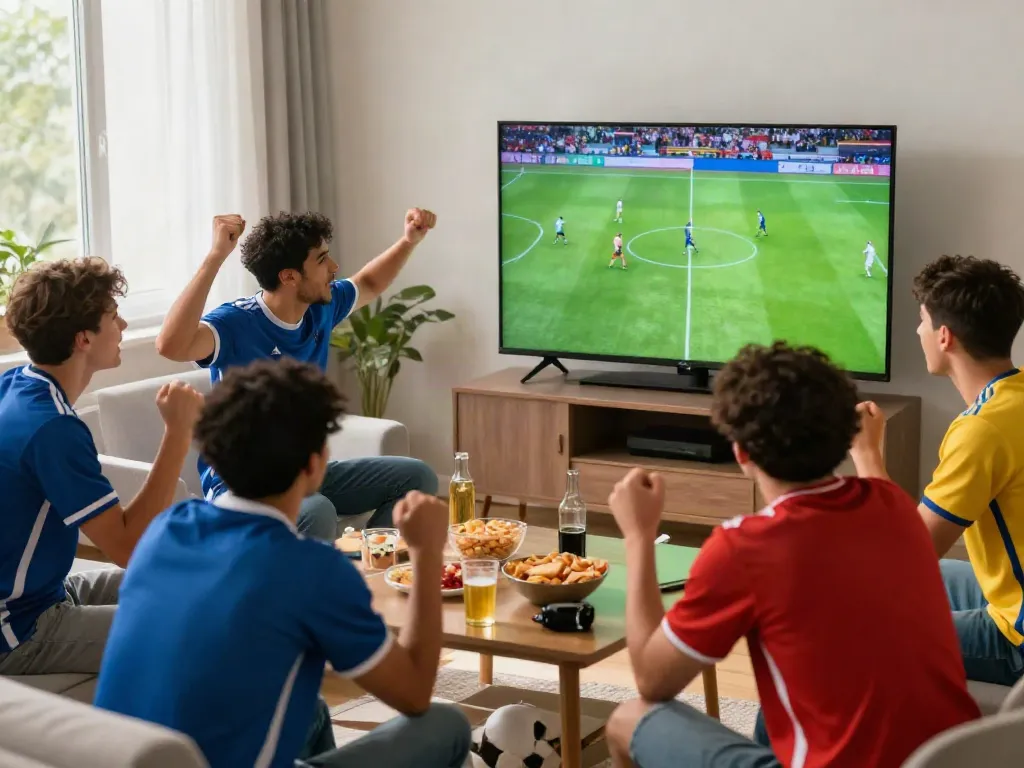 Excited friends watching live soccer on TV at home, enjoying the game with snacks and drinks, embracing the cakhiatv experience.