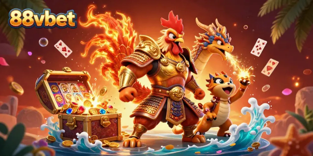 Experience the excitement of 88vbet with a thrilling 3D illustration featuring a rooster warrior and treasures.